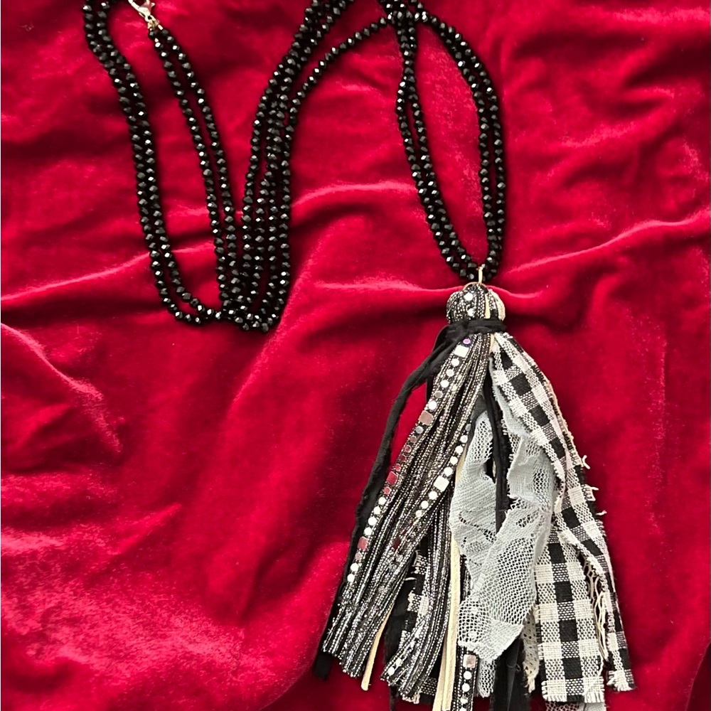 Black and white gingham check tassel necklace